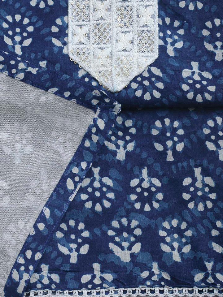 Indigo Printed Cotton Blend Unstitched Dress Material
