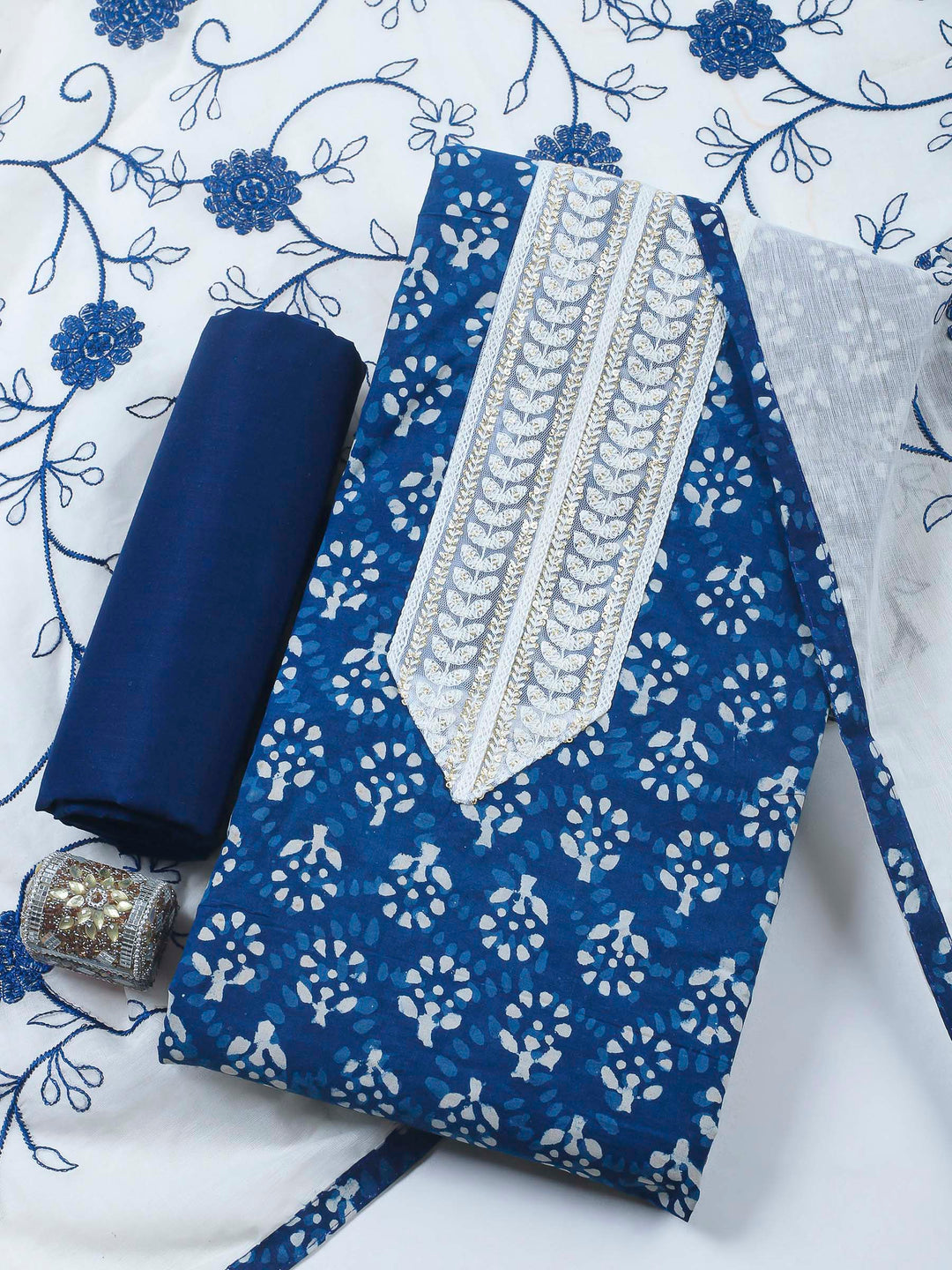 Indigo Printed Cotton Blend Unstitched Dress Material