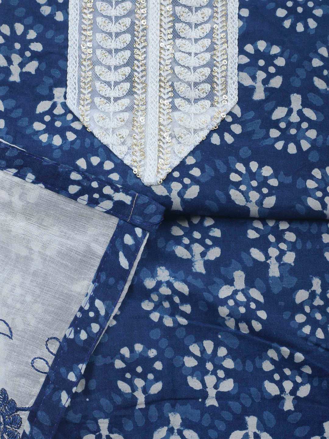 Indigo Printed Cotton Blend Unstitched Dress Material