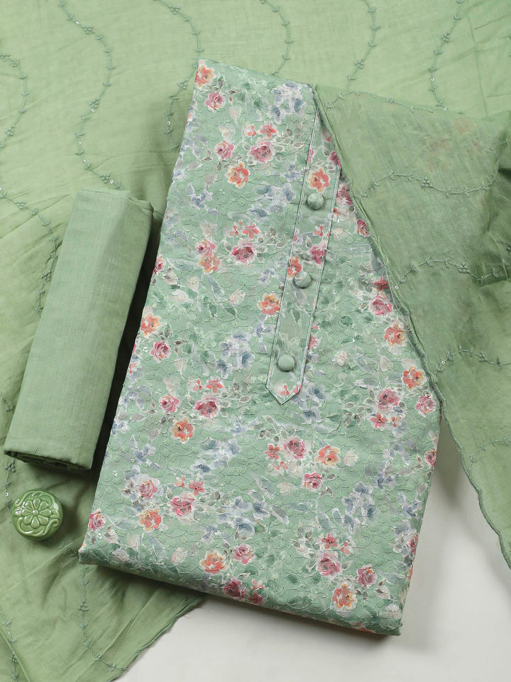 Printed Cotton Blend Unstitched Suit &amp; Pant With Cotton Dupatta