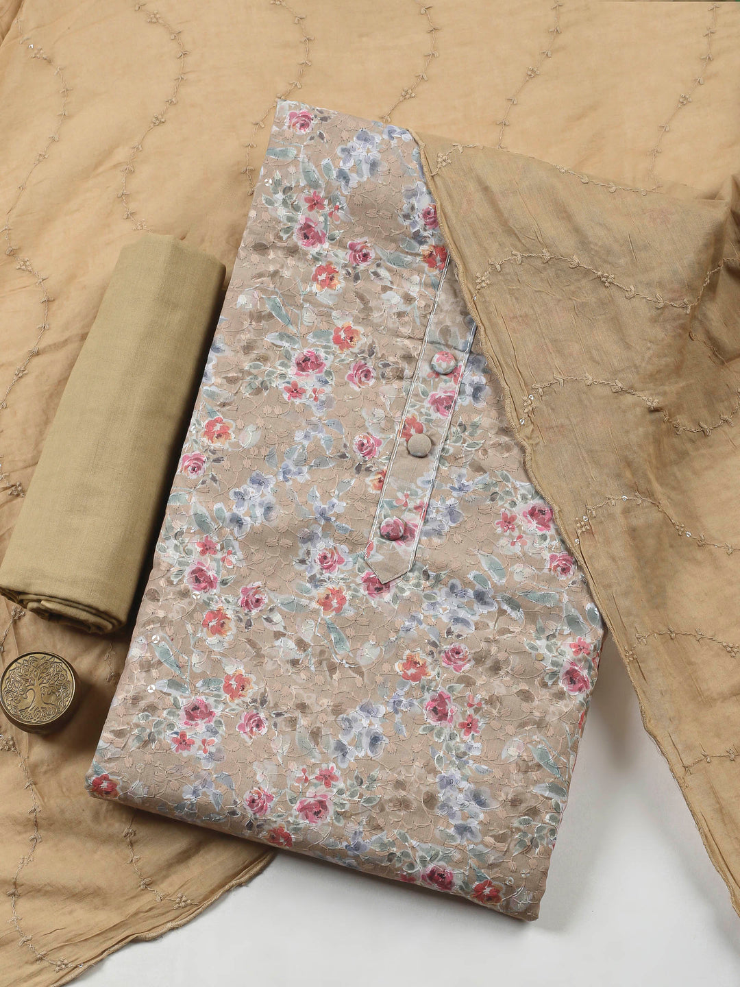 Printed Cotton Blend Unstitched Suit &amp; Pant With Cotton Dupatta