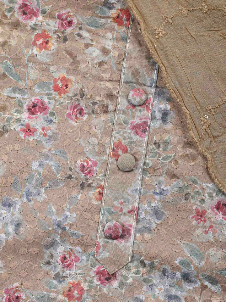 Printed Cotton Blend Unstitched Suit &amp; Pant With Cotton Dupatta