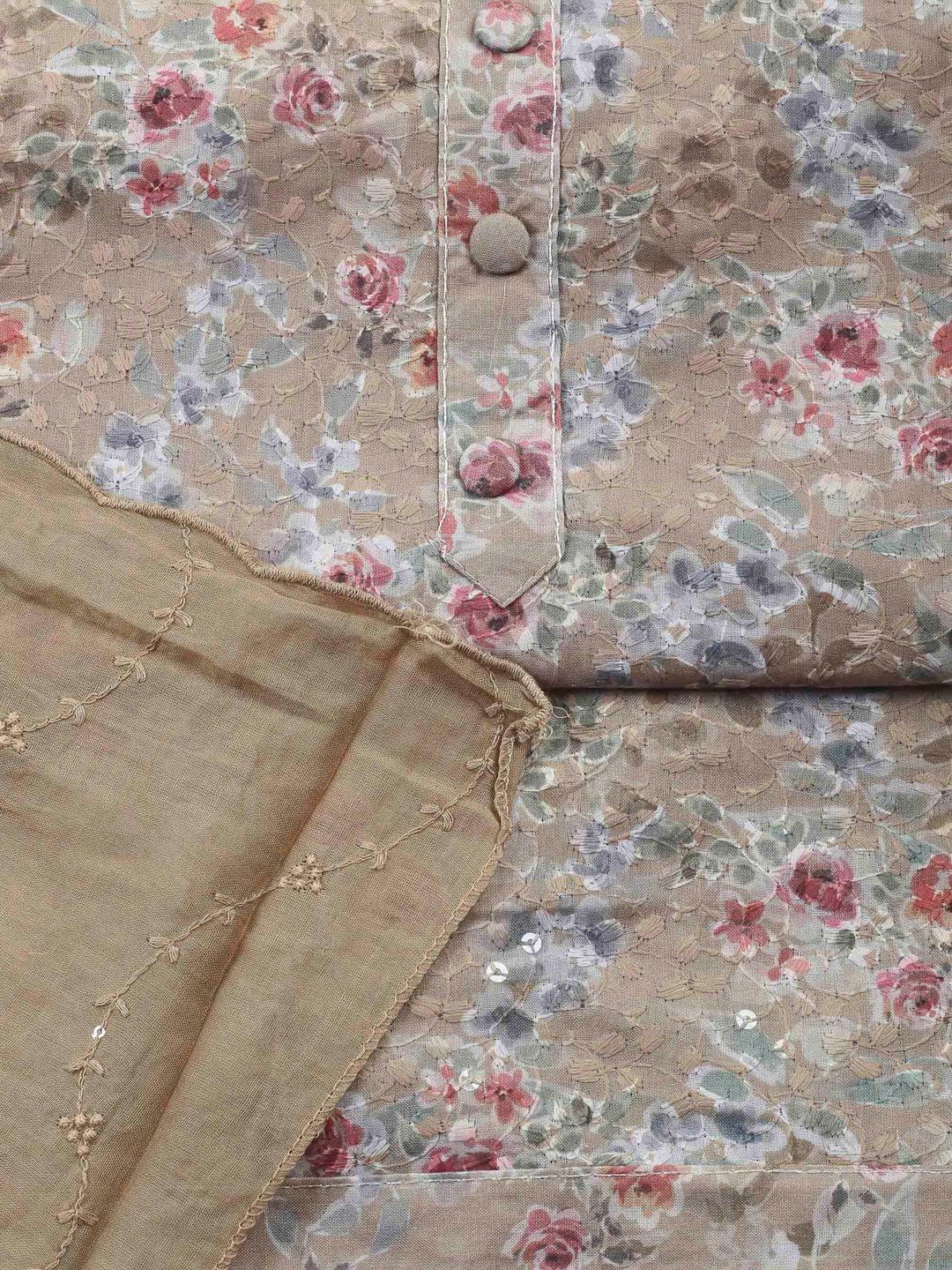 Printed Cotton Blend Unstitched Suit &amp; Pant With Cotton Dupatta