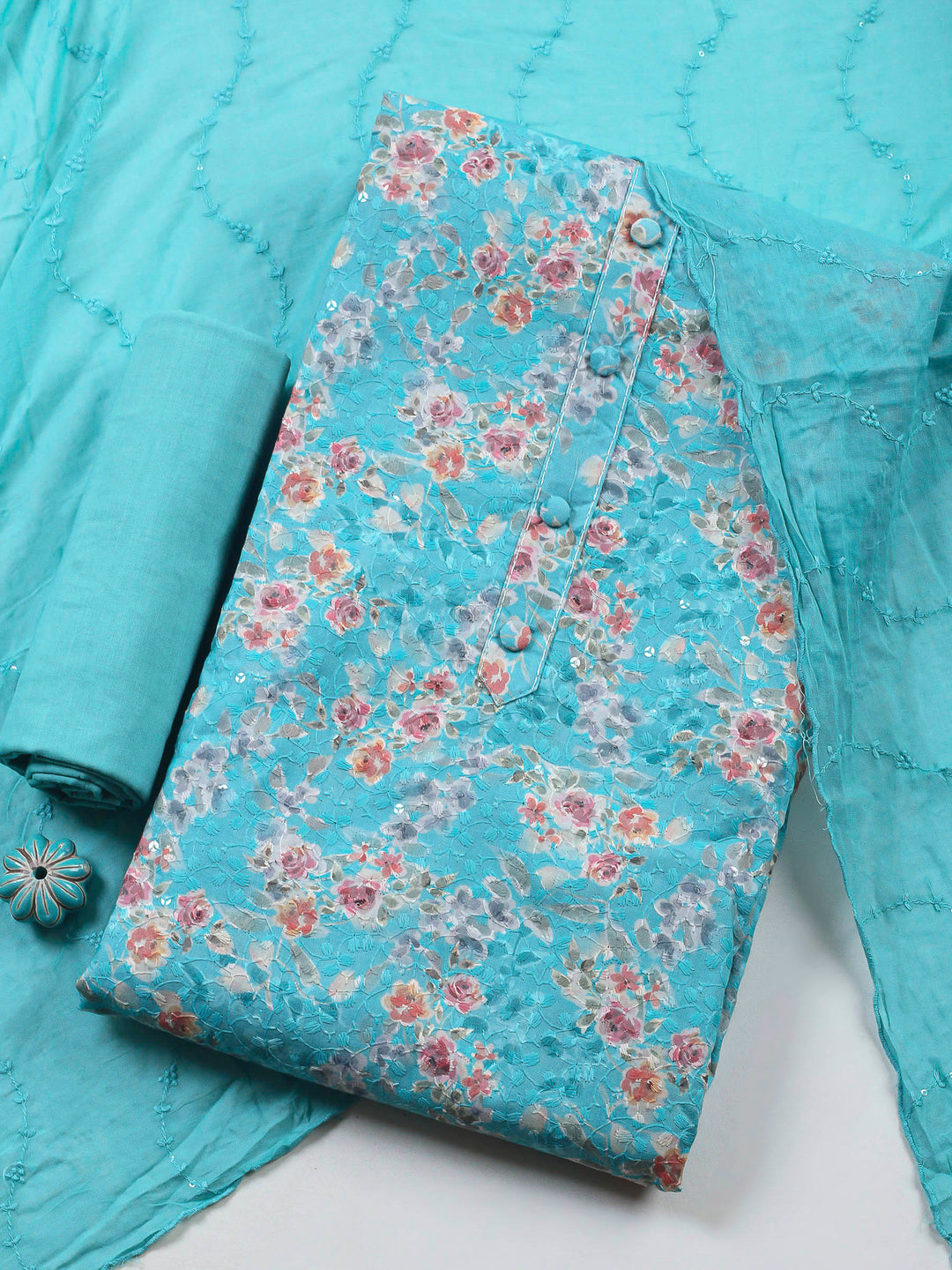 Printed Cotton Blend Unstitched Suit &amp; Pant With Cotton Dupatta