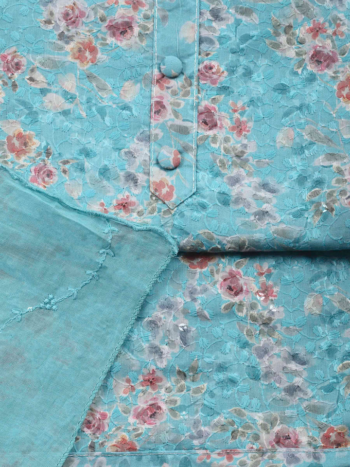 Printed Cotton Blend Unstitched Suit &amp; Pant With Cotton Dupatta