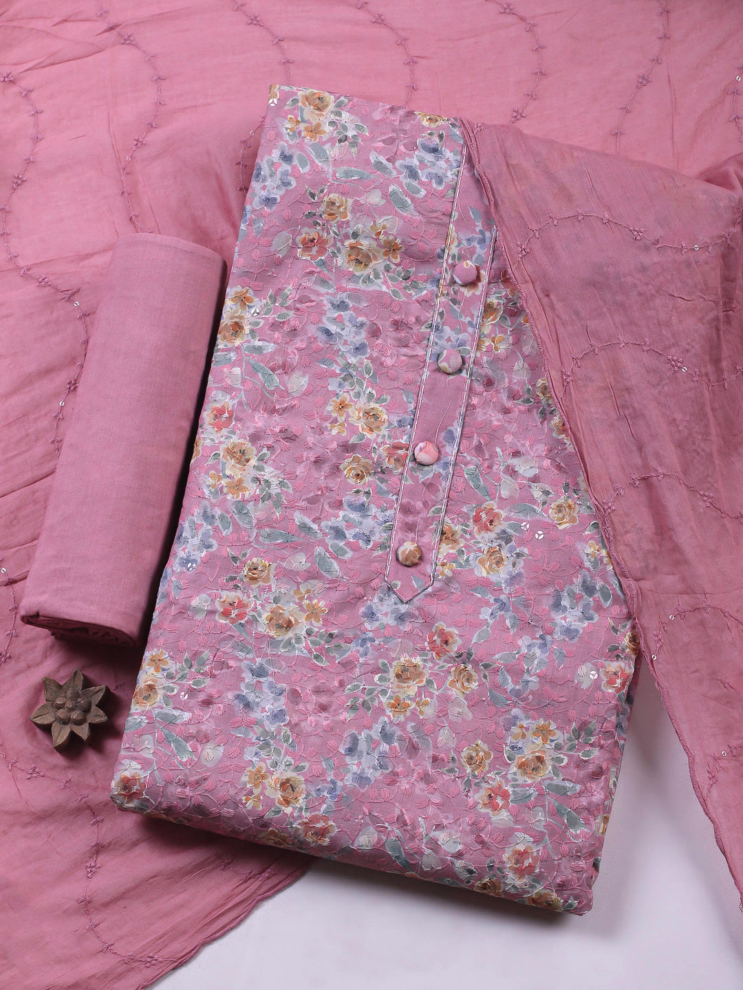 Printed Cotton Blend Unstitched Suit &amp; Pant With Cotton Dupatta