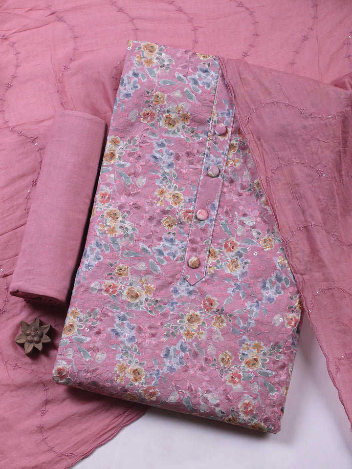 Printed Cotton Blend Unstitched Suit &amp; Pant With Cotton Dupatta