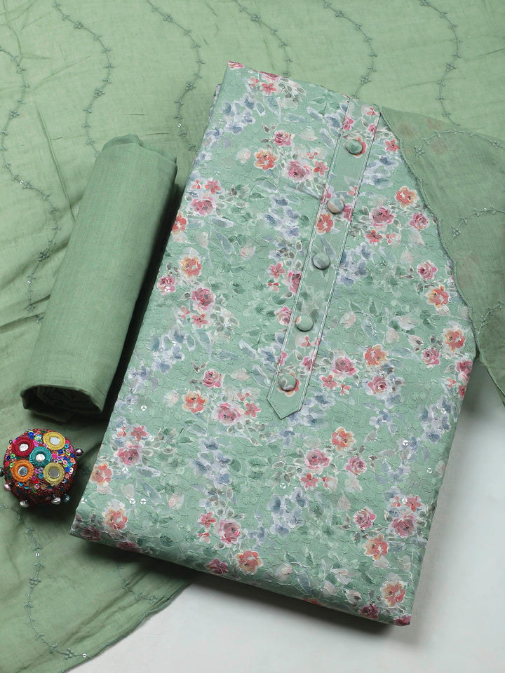 Printed Cotton Blend Unstitched Suit &amp; Pant With Cotton Dupatta