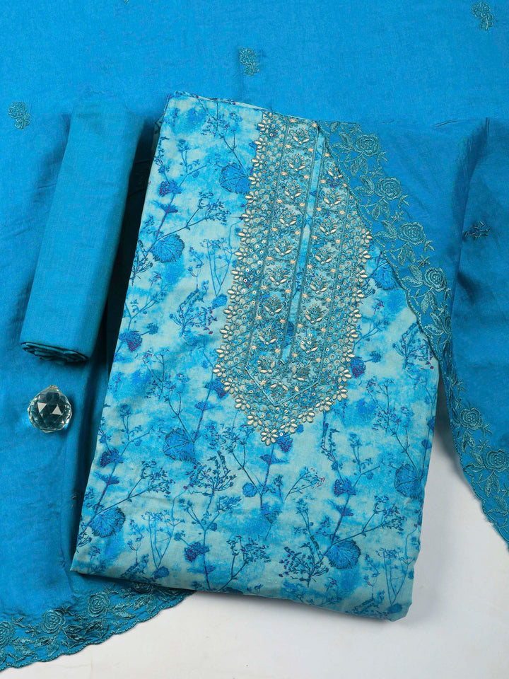 Printed Cotton Blend Unstitched Suit &amp; Pant With Cotton Dupatta