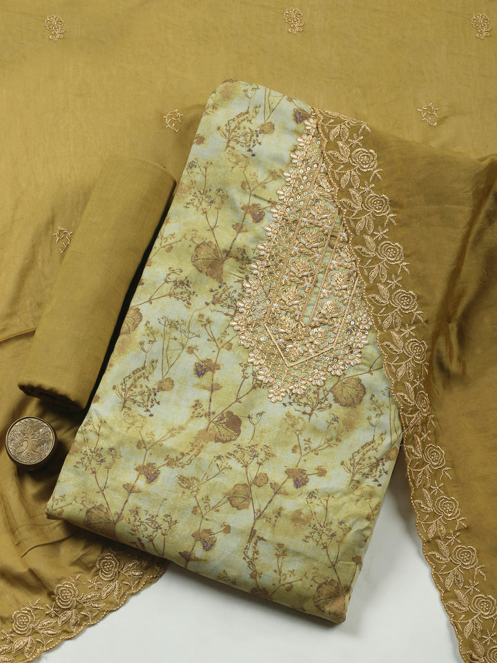 Printed Cotton Blend Unstitched Suit &amp; Pant With Cotton Dupatta
