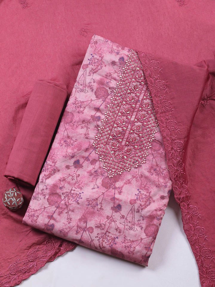 Printed Cotton Blend Unstitched Suit &amp; Pant With Cotton Dupatta