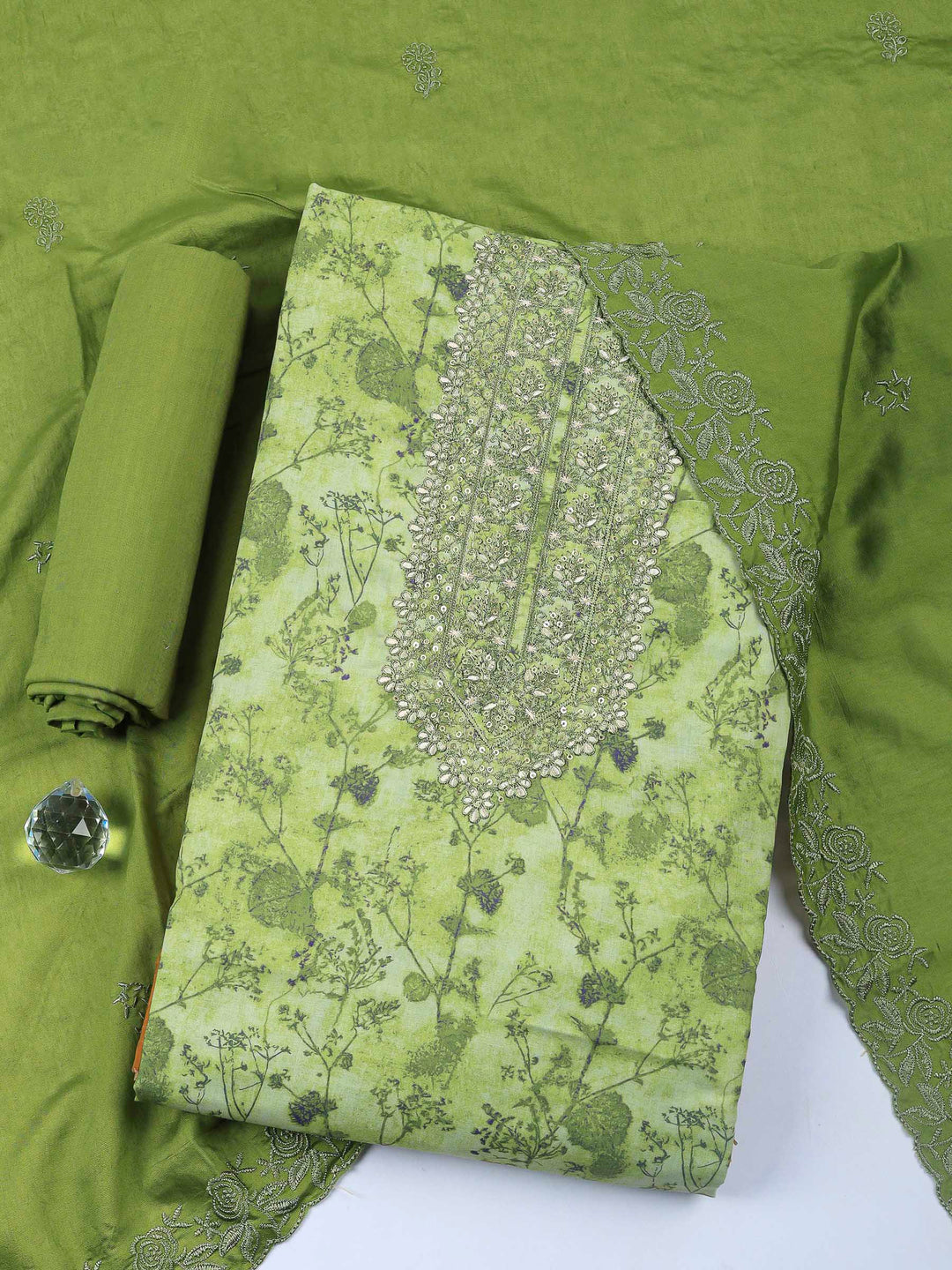 Printed Cotton Blend Unstitched Suit &amp; Pant With Cotton Dupatta