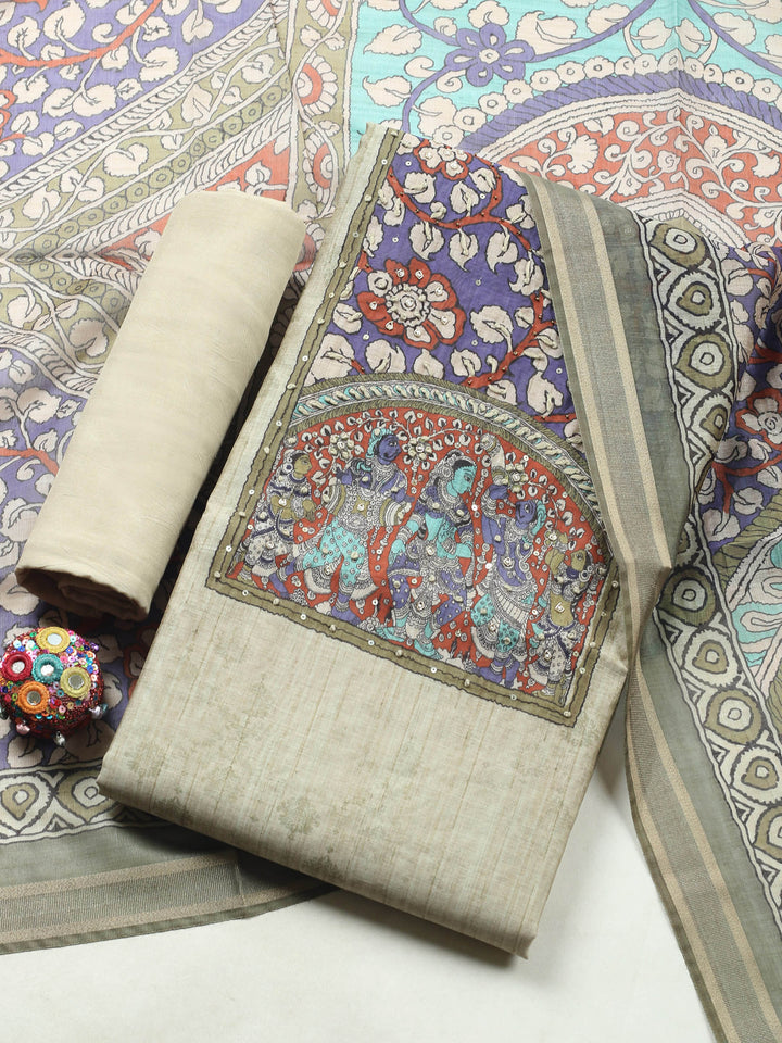 Beige Printed Chanderi Unstitched Suit &amp; Pant With Chanderi Dupatta