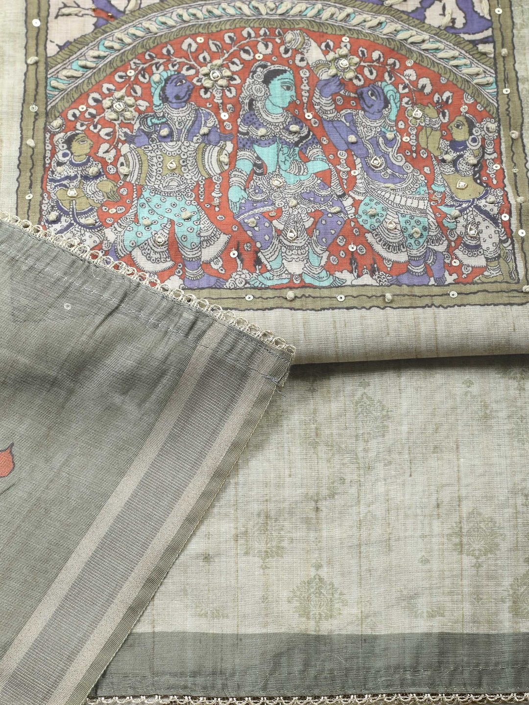 Beige Printed Chanderi Unstitched Suit &amp; Pant With Chanderi Dupatta