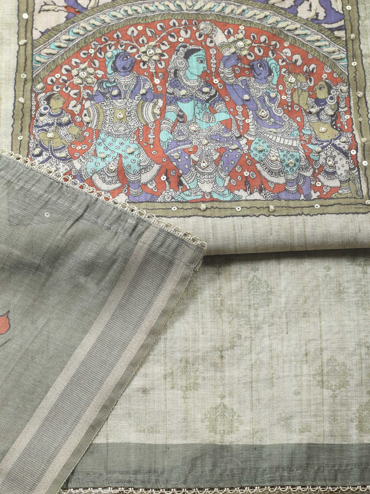 Beige Printed Chanderi Unstitched Suit &amp; Pant With Chanderi Dupatta