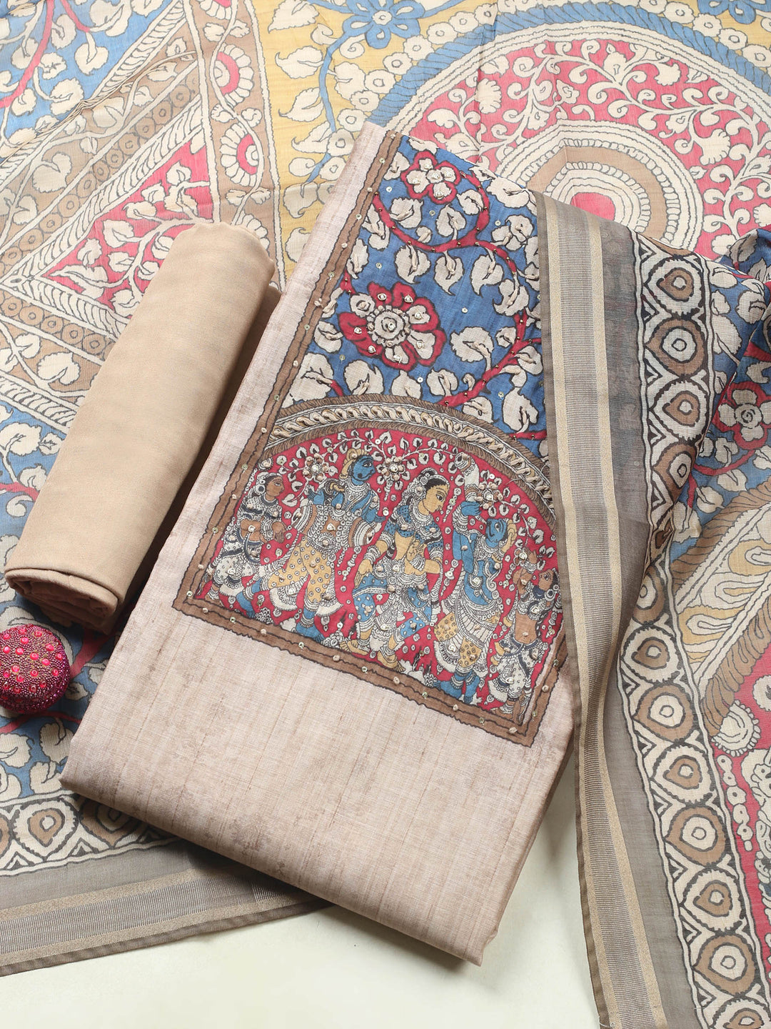 Dusty Pink Printed Chanderi Unstitched Suit &amp; Pant With Chanderi Dupatta