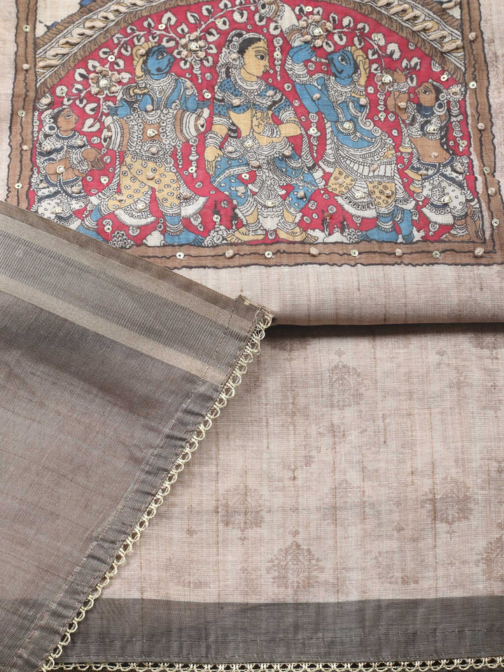 Dusty Pink Printed Chanderi Unstitched Suit &amp; Pant With Chanderi Dupatta