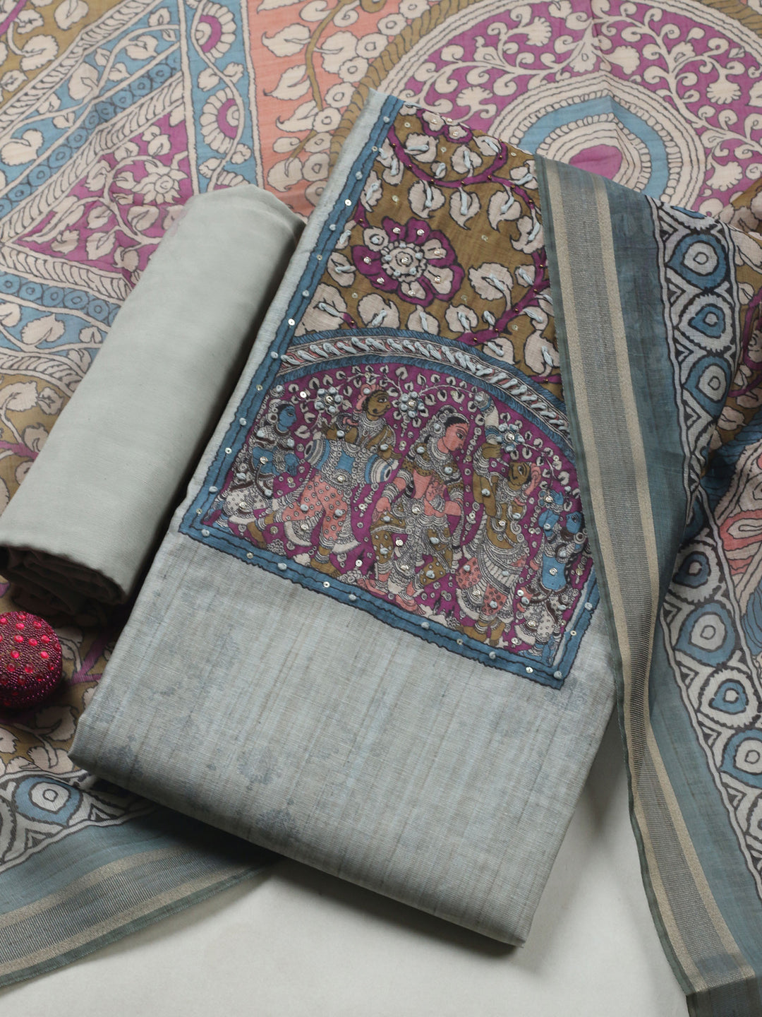 Grey Printed Chanderi Unstitched Suit &amp; Pant With Chanderi Dupatta