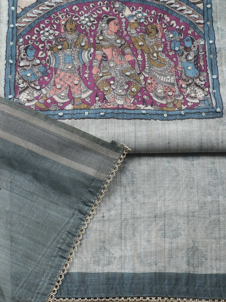 Grey Printed Chanderi Unstitched Suit &amp; Pant With Chanderi Dupatta