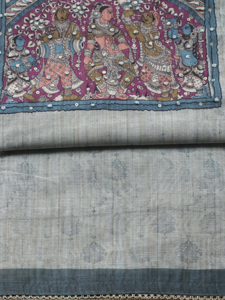 Grey Printed Chanderi Unstitched Suit &amp; Pant With Chanderi Dupatta
