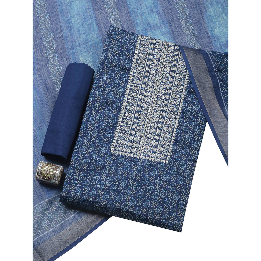 Indigo Embroidery Cotton Blend Unstitched Dress Material