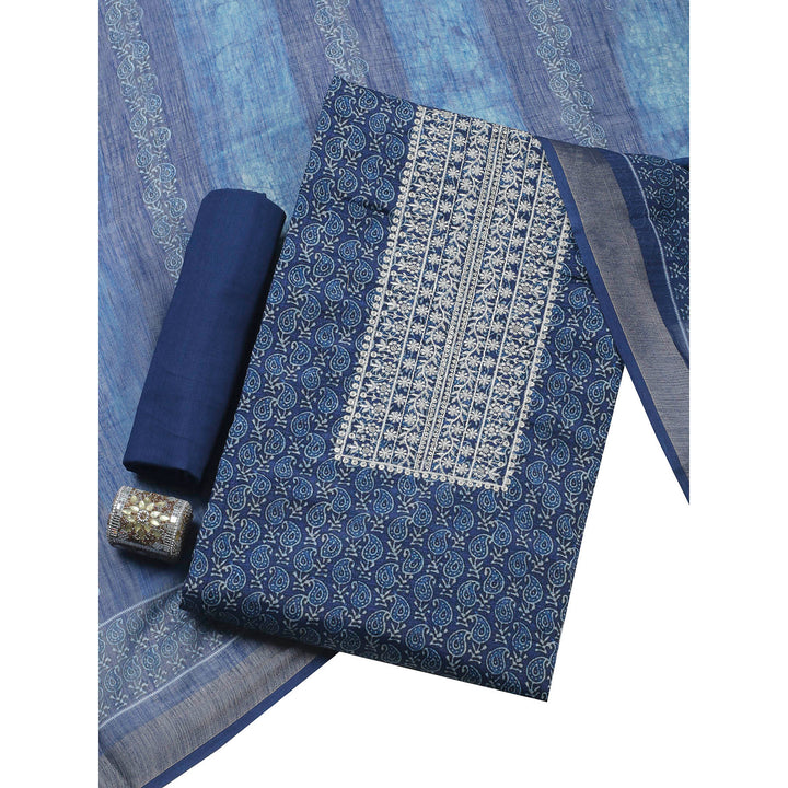 Indigo Embroidery Cotton Blend Unstitched Dress Material