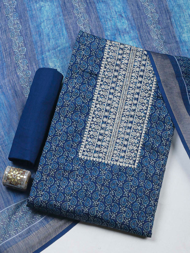 Indigo Embroidery Cotton Blend Unstitched Dress Material