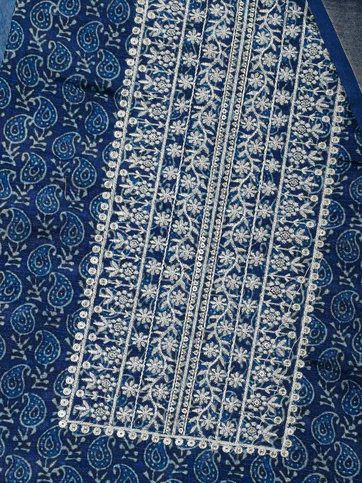 Indigo Embroidery Cotton Blend Unstitched Dress Material
