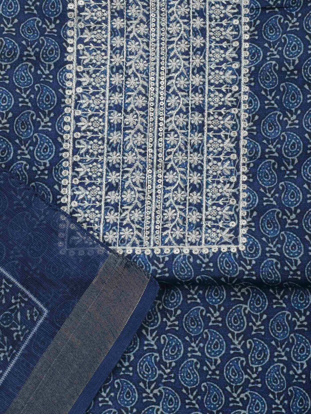 Indigo Embroidery Cotton Blend Unstitched Dress Material