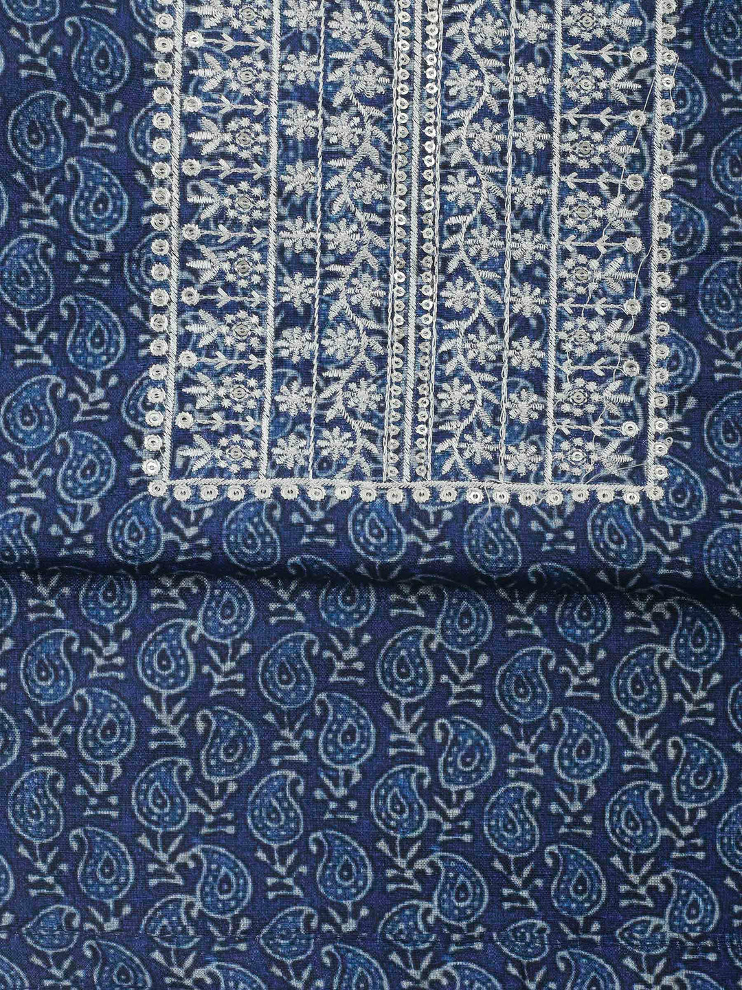 Indigo Embroidery Cotton Blend Unstitched Dress Material
