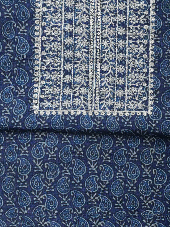 Indigo Embroidery Cotton Blend Unstitched Dress Material