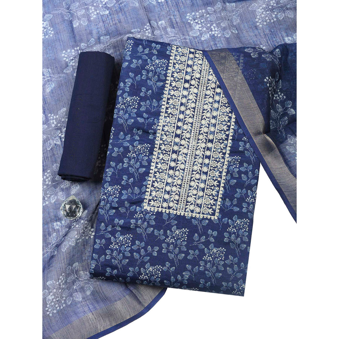 Indigo Embroidery Cotton Blend Unstitched Dress Material