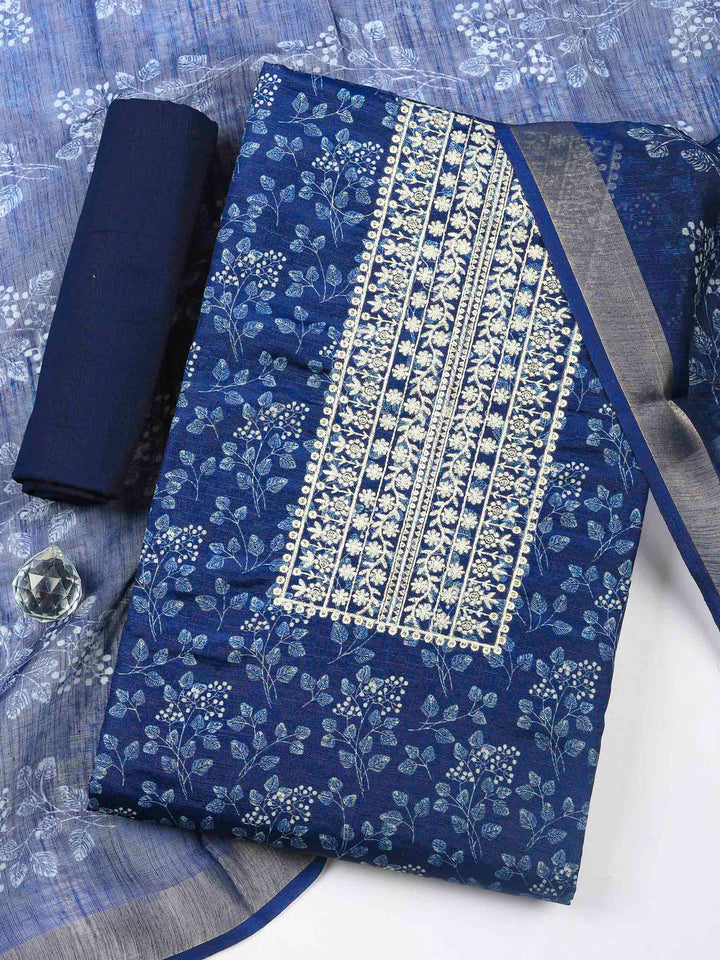 Indigo Embroidery Cotton Blend Unstitched Dress Material