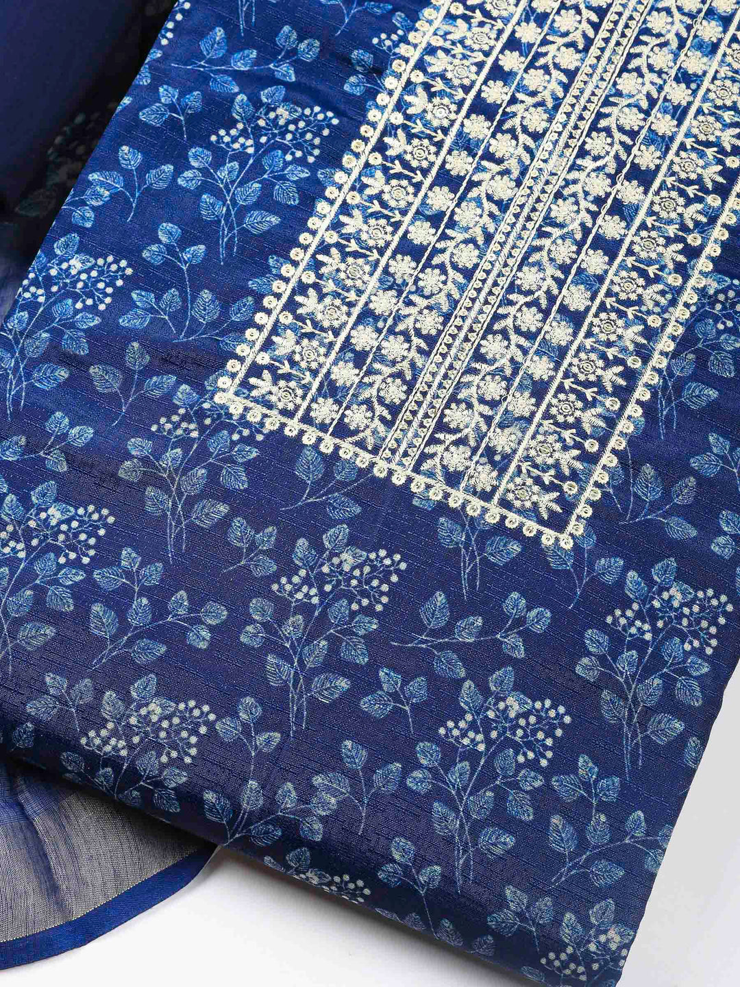 Indigo Embroidery Cotton Blend Unstitched Dress Material
