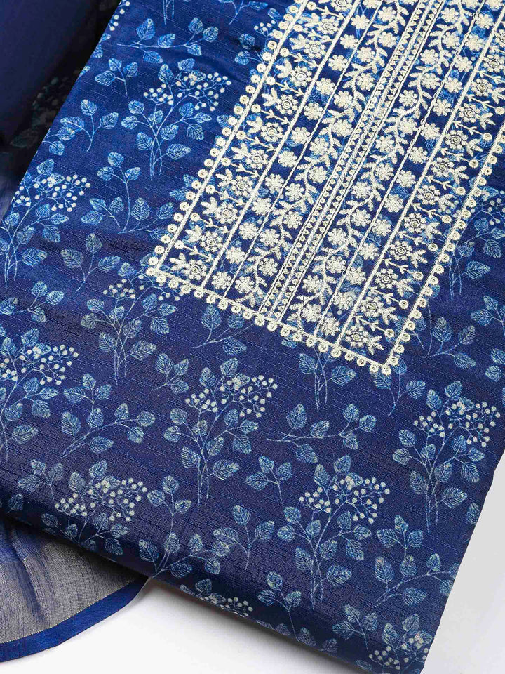 Indigo Embroidery Cotton Blend Unstitched Dress Material