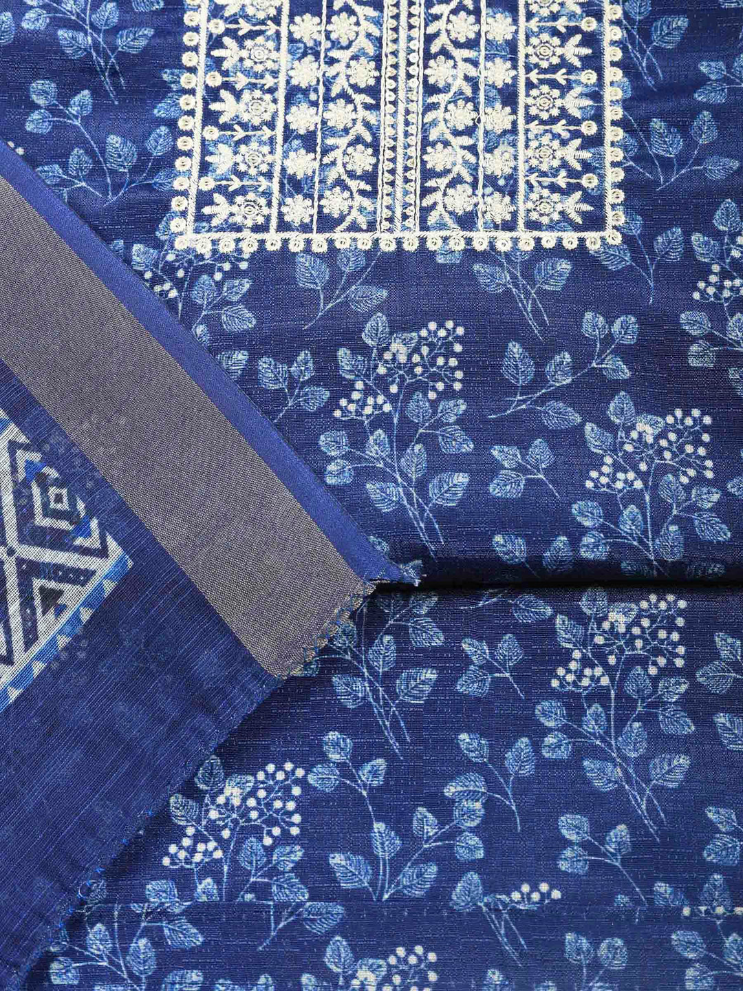 Indigo Embroidery Cotton Blend Unstitched Dress Material