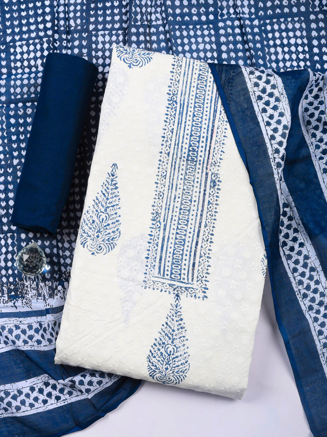 Printed Cotton Blend Unstitched Suit &amp; Pant With Cotton Dupatta