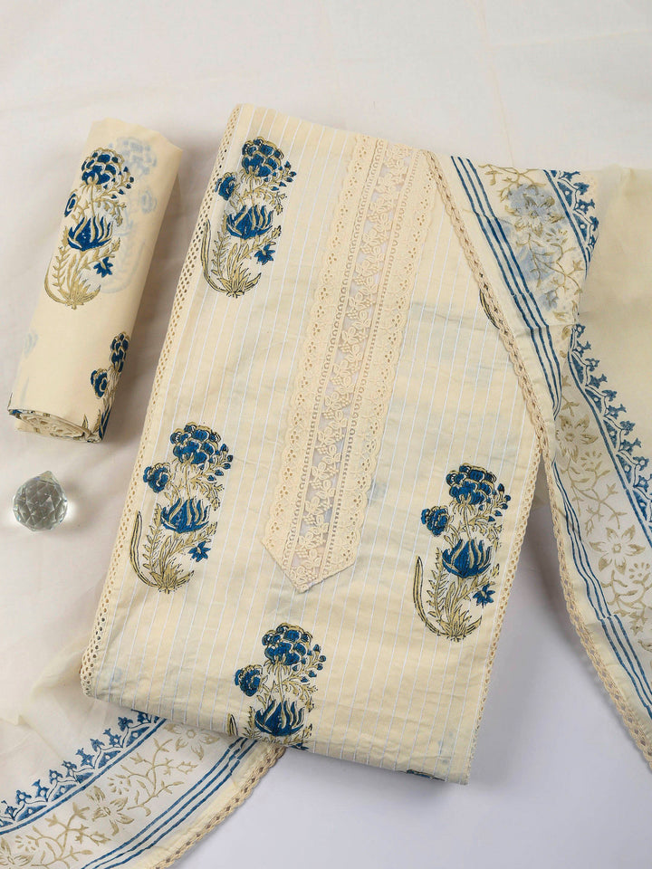 Printed Cotton Blend Unstitched Suit &amp; Pant With Cotton Dupatta