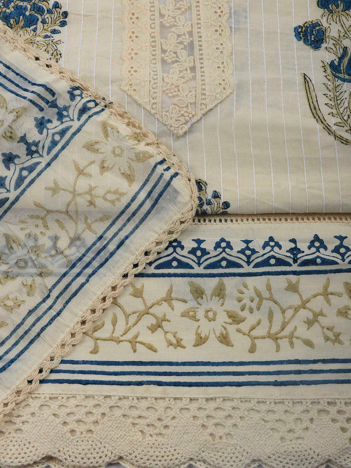 Printed Cotton Blend Unstitched Suit &amp; Pant With Cotton Dupatta