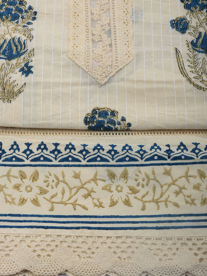 Printed Cotton Blend Unstitched Suit &amp; Pant With Cotton Dupatta