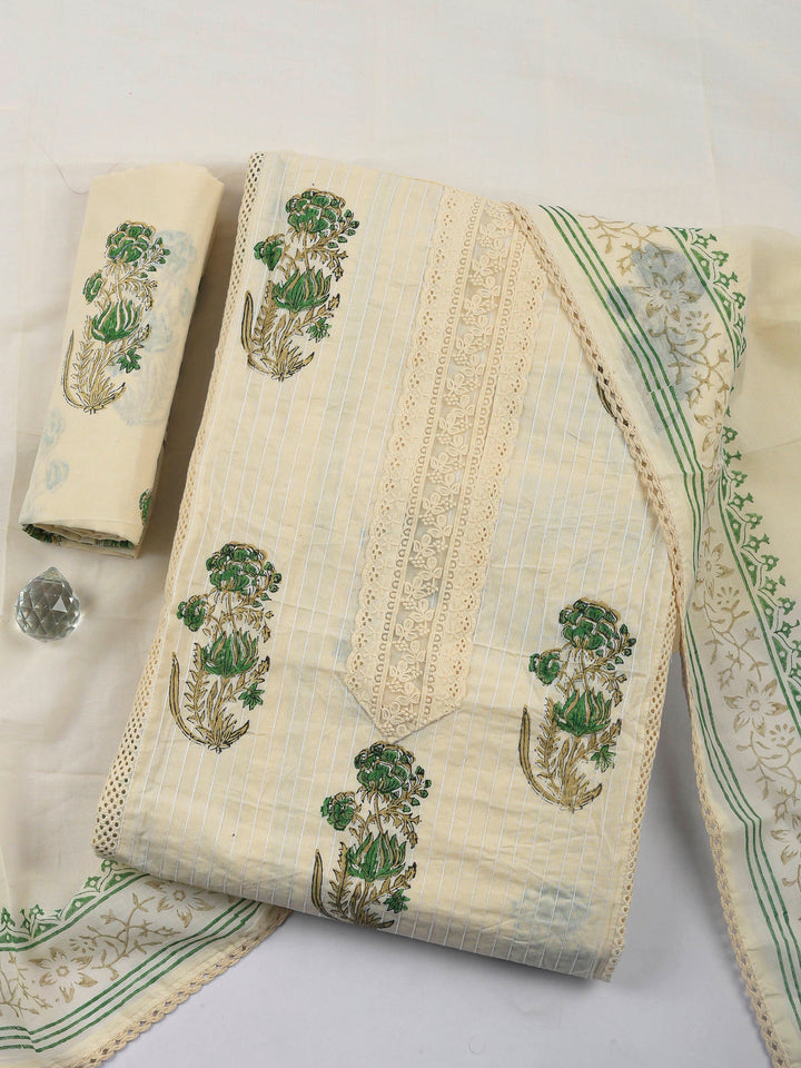 Printed Cotton Blend Unstitched Suit &amp; Pant With Cotton Dupatta