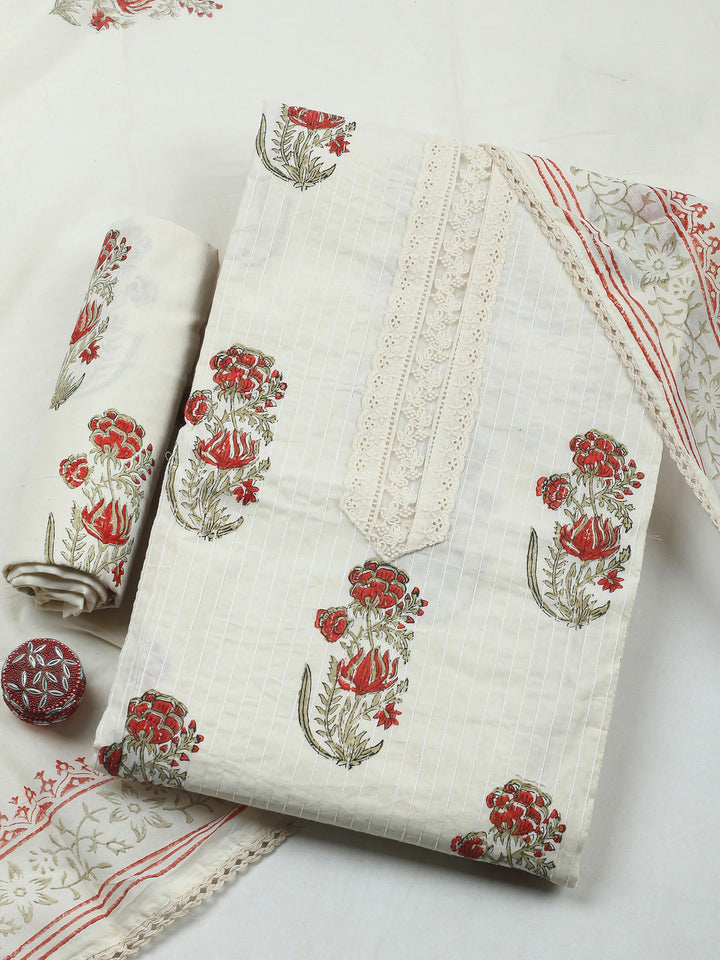Printed Cotton Blend Unstitched Suit &amp; Pant With Cotton Dupatta