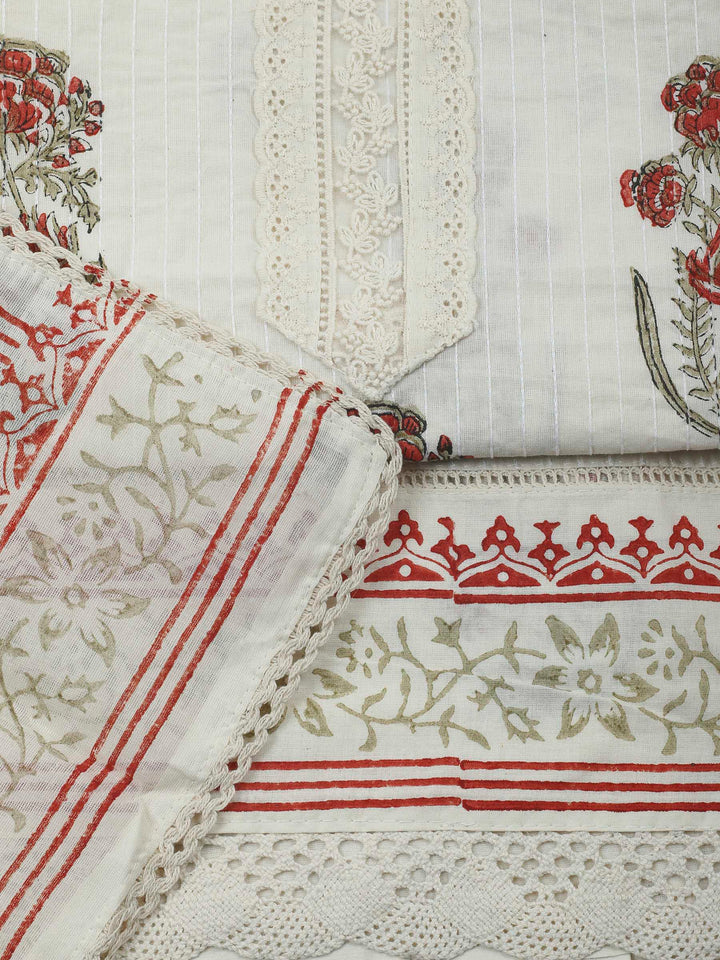 Printed Cotton Blend Unstitched Suit &amp; Pant With Cotton Dupatta