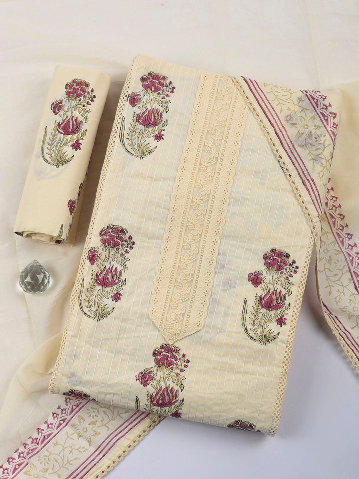 Printed Cotton Blend Unstitched Suit &amp; Pant With Cotton Dupatta