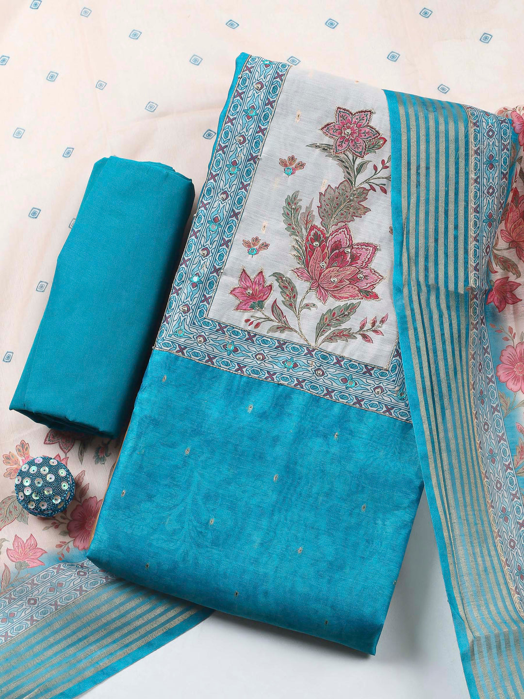 Printed Cotton Blend Unstitched Suit &amp; Pant With Cotton Dupatta
