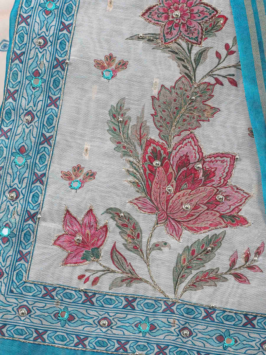 Printed Cotton Blend Unstitched Suit &amp; Pant With Cotton Dupatta