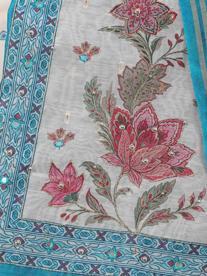 Printed Cotton Blend Unstitched Suit &amp; Pant With Cotton Dupatta