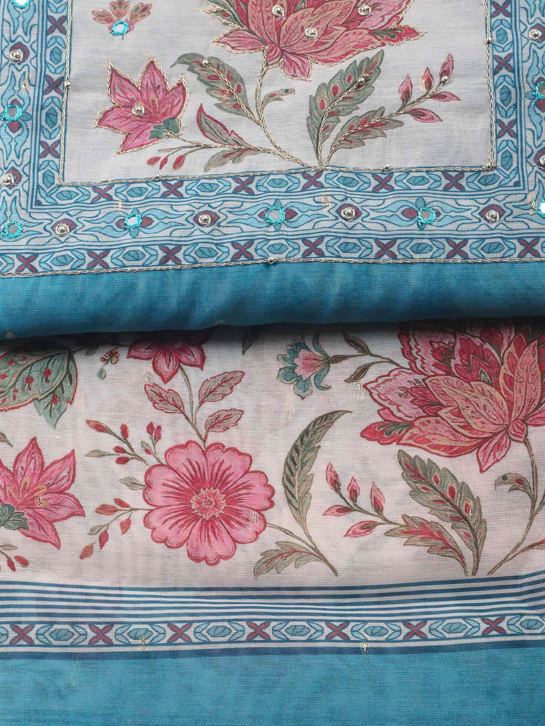 Printed Cotton Blend Unstitched Suit &amp; Pant With Cotton Dupatta