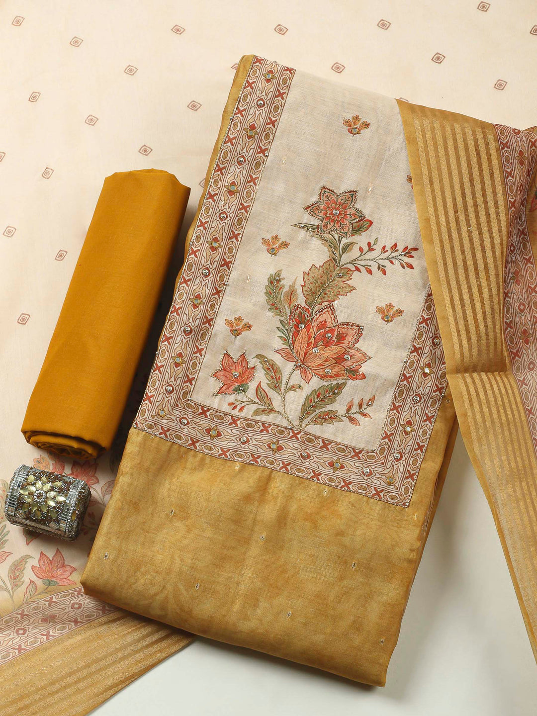 Printed Cotton Blend Unstitched Suit &amp; Pant With Cotton Dupatta