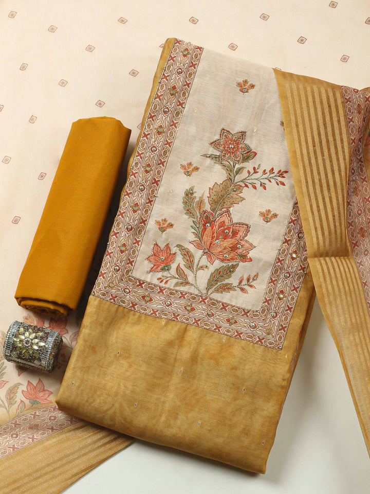 Printed Cotton Blend Unstitched Suit &amp; Pant With Cotton Dupatta